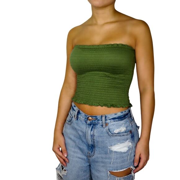 Y2k Olive Green Crop Smocked Little Tube Top Crop Top Small Cute - Picture 1 of 5